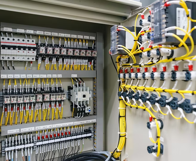 Elektrisch paneel met diverse draden en connectoren in een technische omgeving