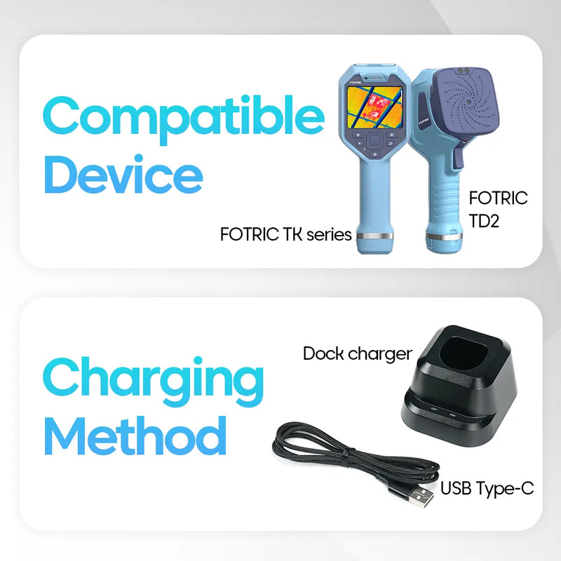 FOTRIC TK-serie apparaat en oplaaddock met USB Type-C-kabel op een witte achtergrond