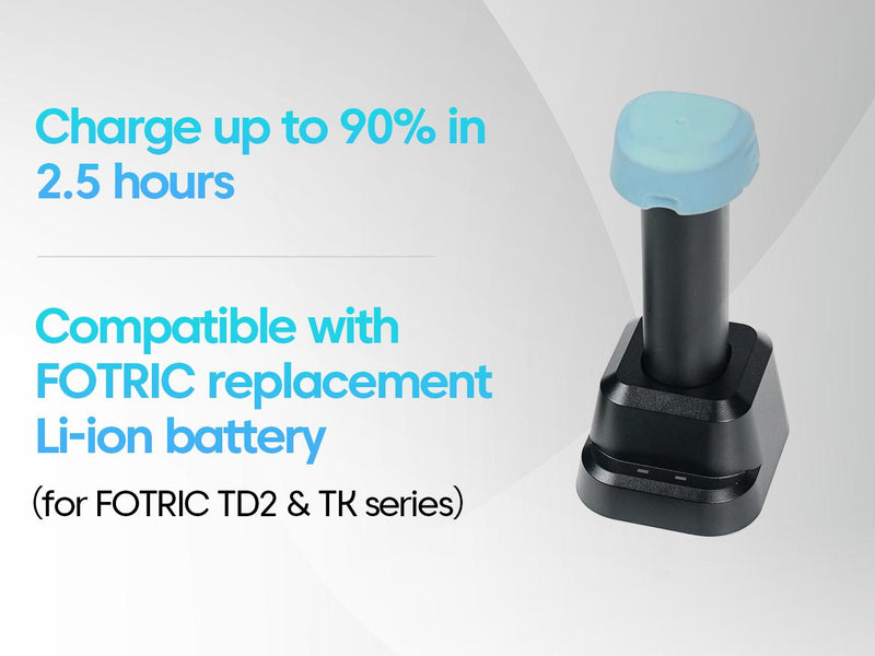 Vervangende Li-ion accu voor FOTRIC met oplaadstation op een lichtgrijze achtergrond