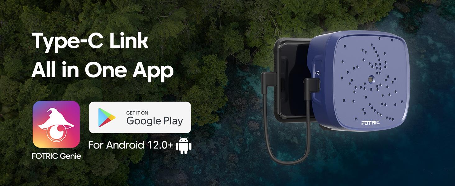 FOTRIC Genie-apparaat met Type-C-koppelingsfunctie en dat de app beschikbaar is in Google Play