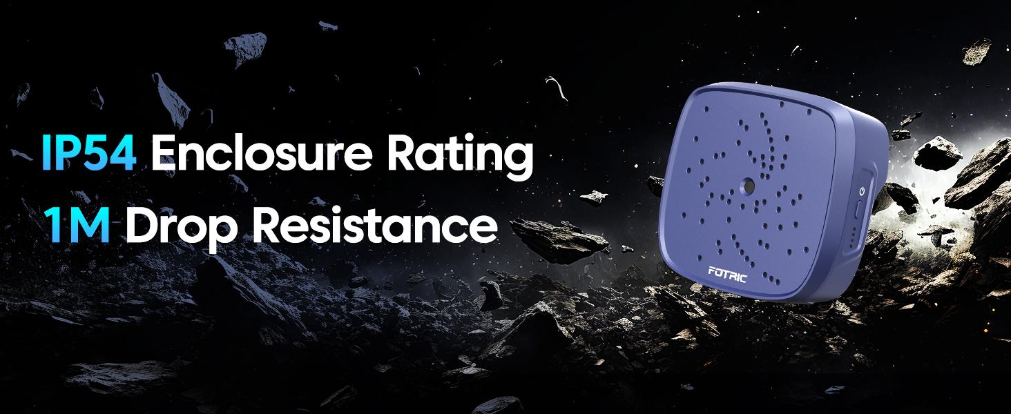 Blauw apparaat met 'FOTRIC'-branding op een ruimtethematische achtergrond met asteroïden