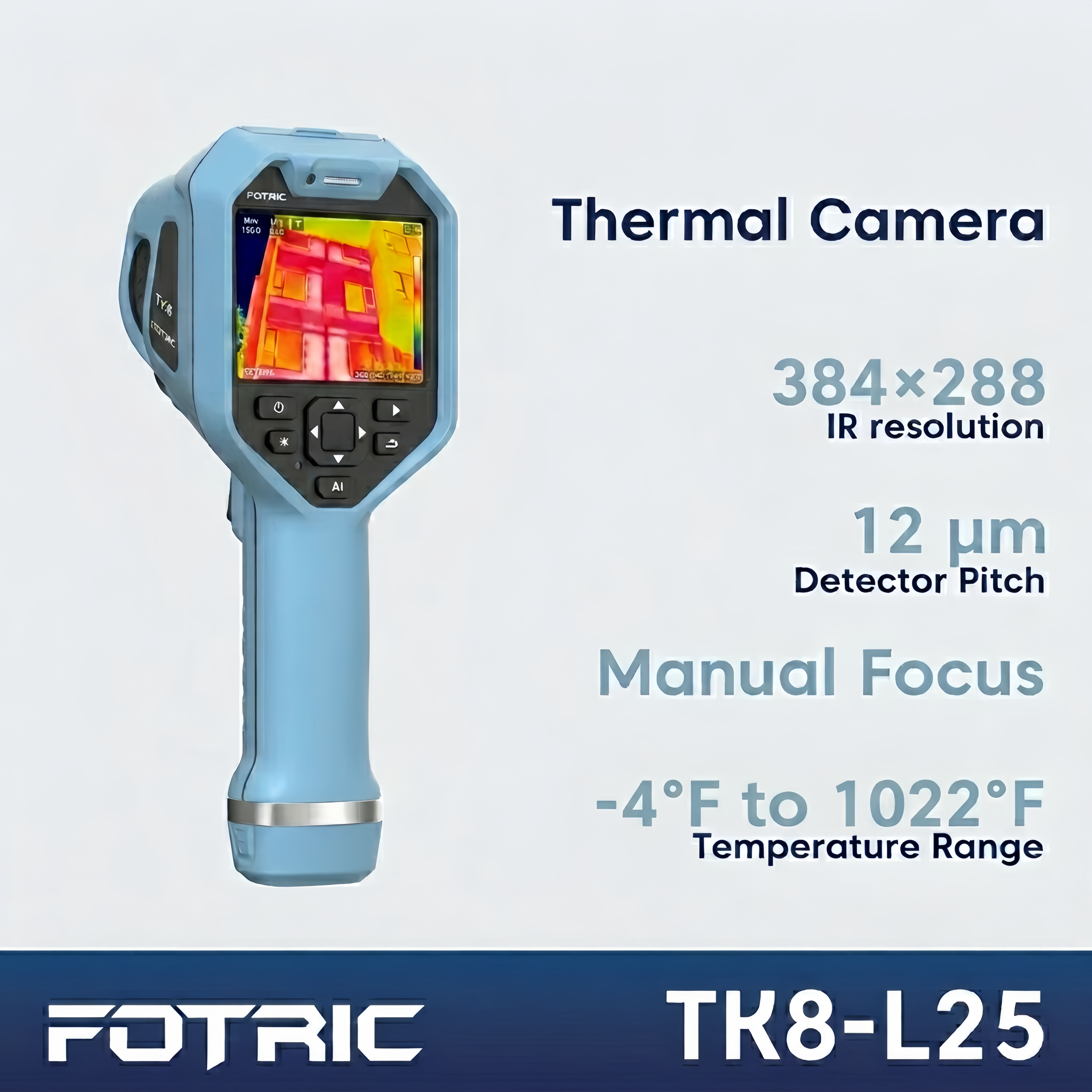 Fotric thermische camera met specificaties op een lichtblauwe achtergrond